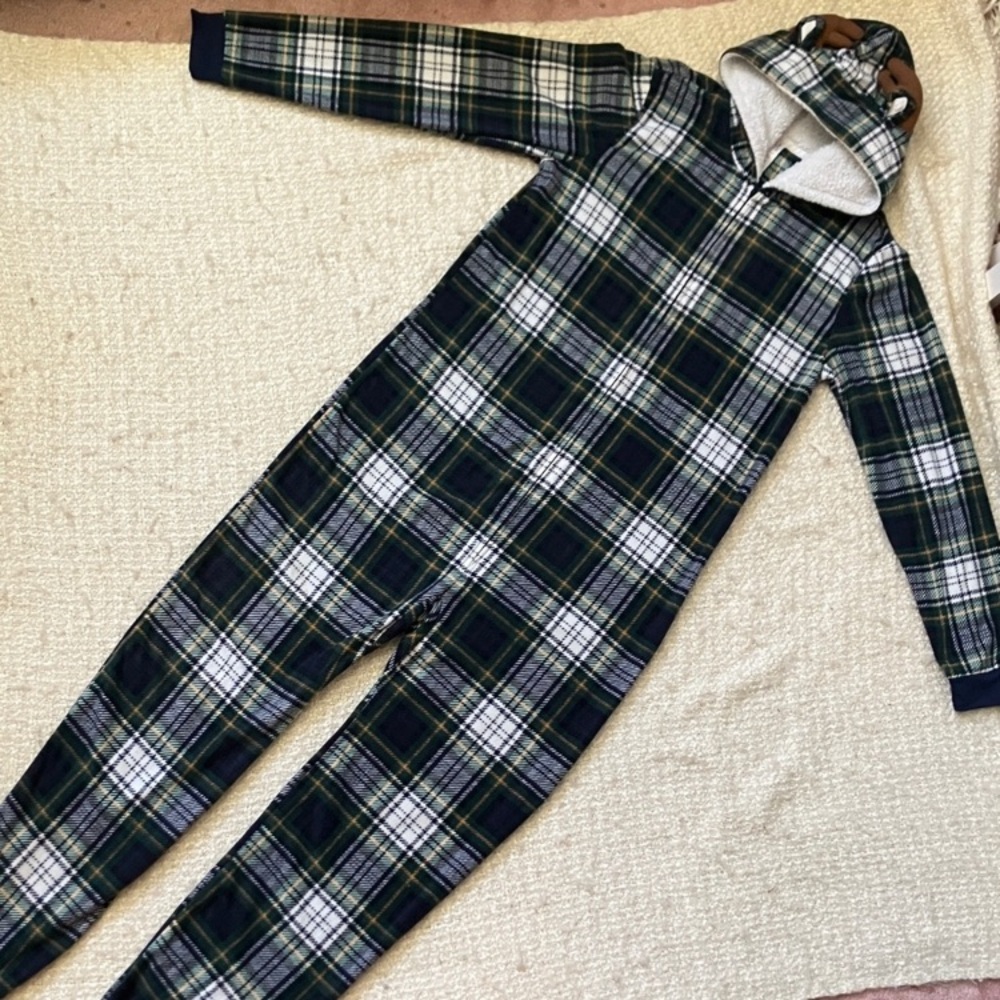 🦌CHILDRENS PLACE/ PJ PLACE ADULT SIZE SMALL MOOSE PLAID FLEECE ONSIE PAJAMAS
